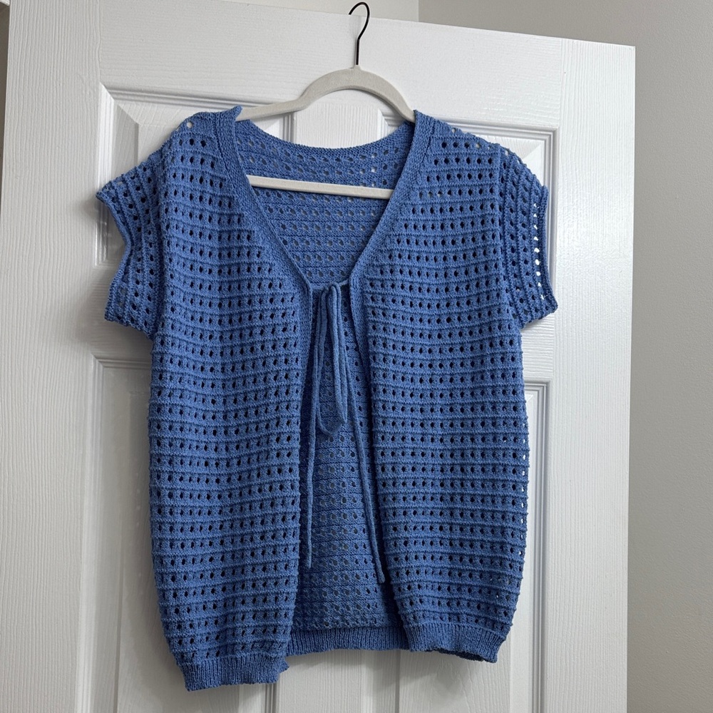 Amazon Light Blue Crochet Tie-Front Short-Sleeve Sweater Vest